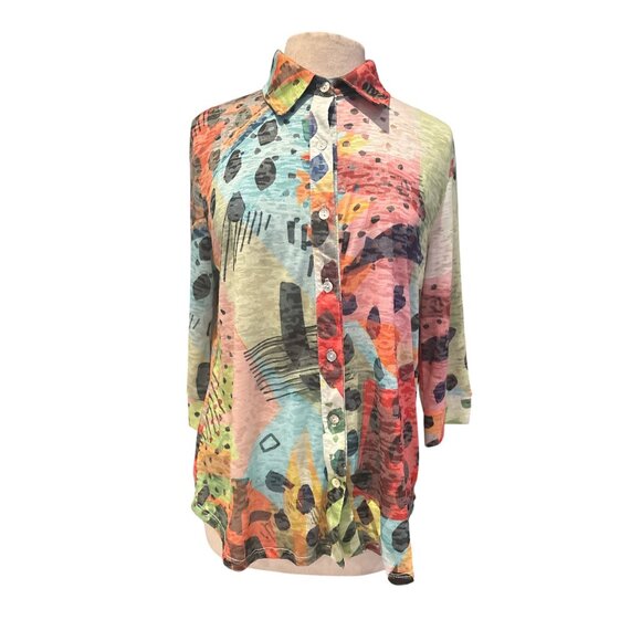 Jess & Jane Abstract Art Print Button-Up Top – Artsy Lightweight Blouse M - Picture 1 of 8